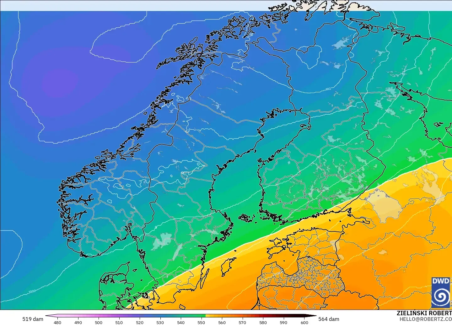 ICON model - Scandinavia, Geopotential height at 500hPa