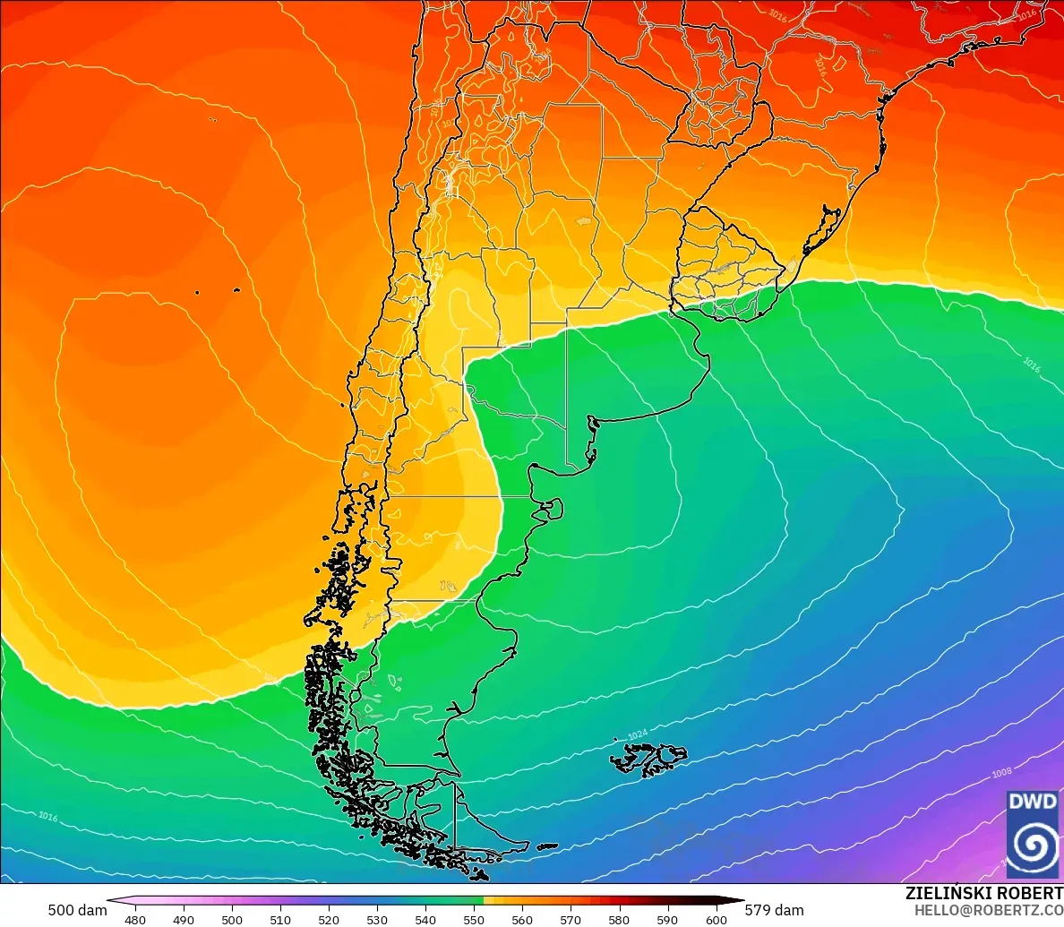 ICON model - Argentina, Geopotential height at 500hPa