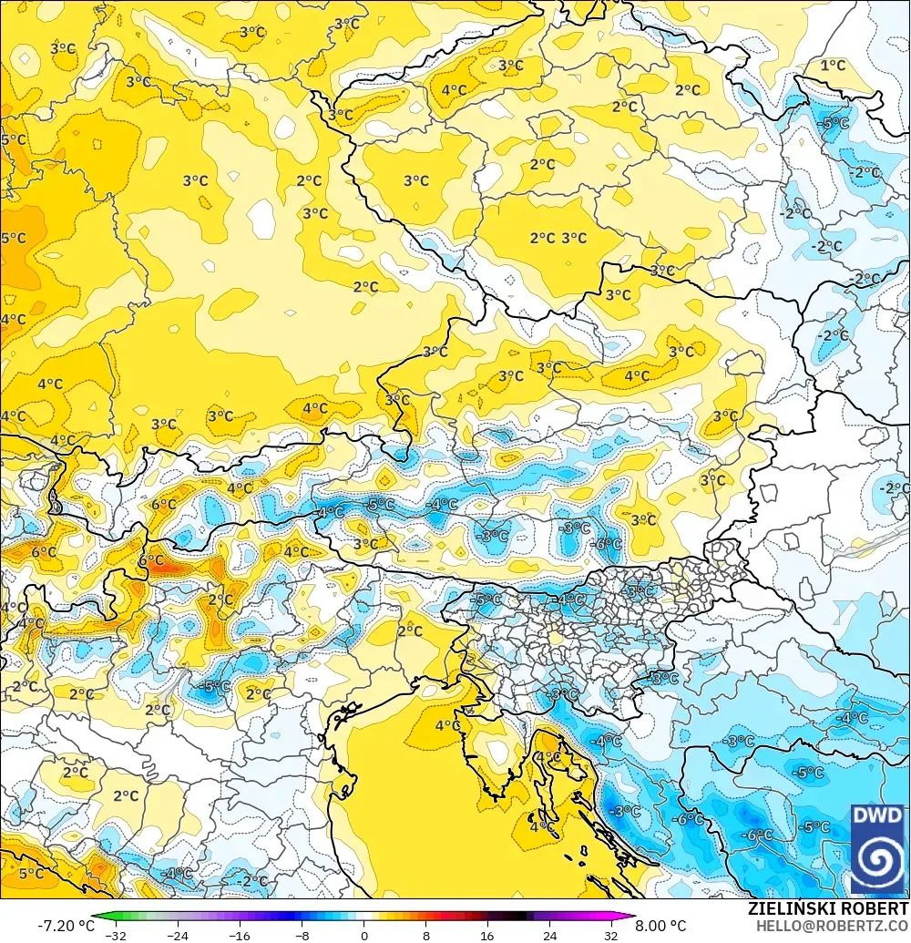 ICON model - Austria, Temperature at 2m Anomaly