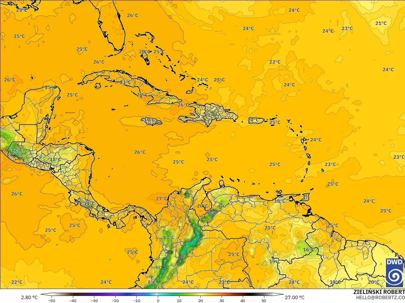 ICON model - Caribbean, Dewpoint at 2m
