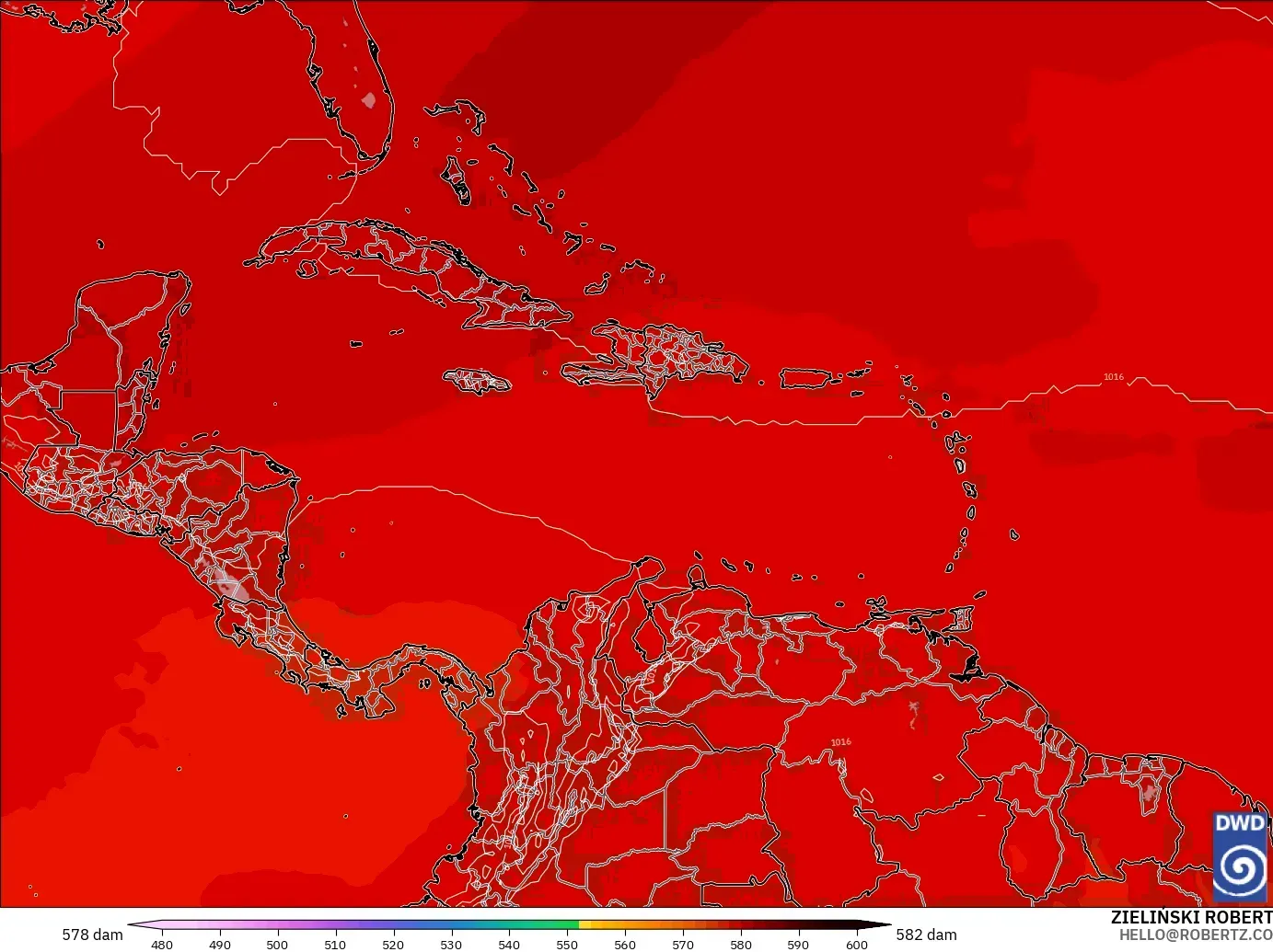 ICON model - Caribbean, Geopotential height at 500hPa