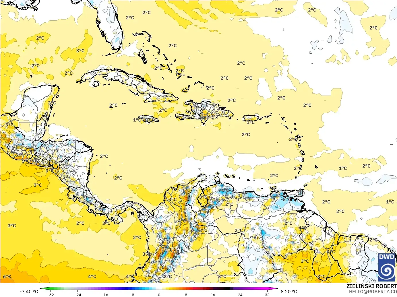ICON model - Caribbean, Temperature at 2m Anomaly