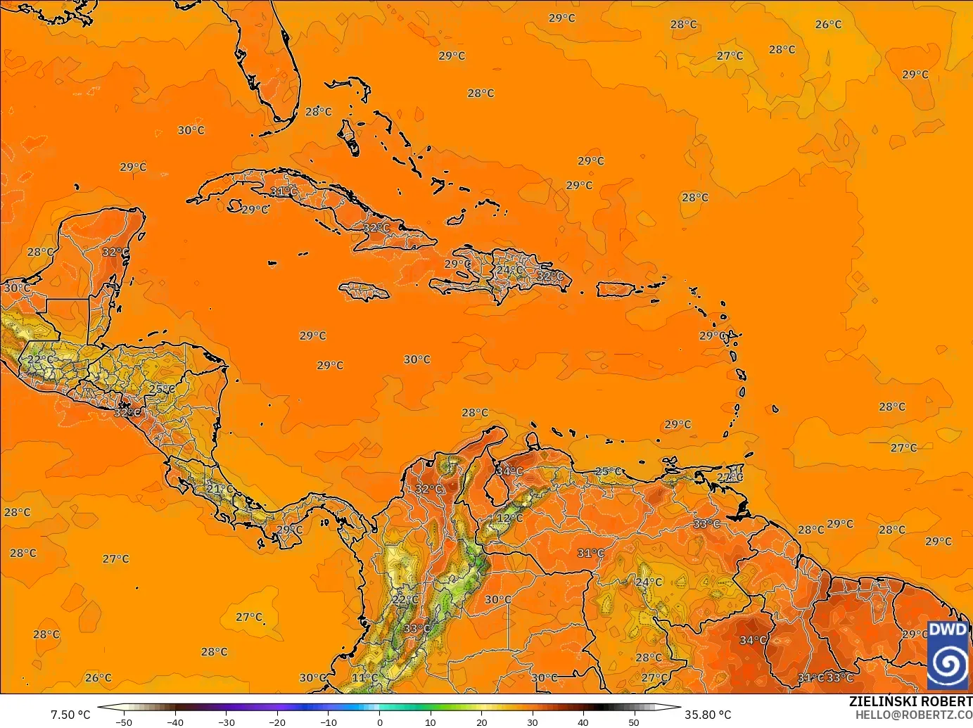 ICON model - Caribbean, Temperature at 2m