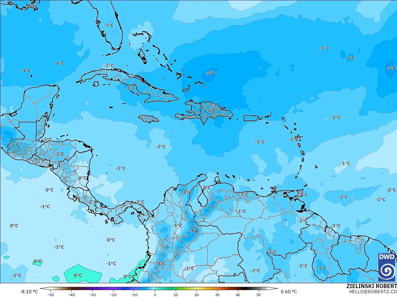 ICON model - Caribbean, Temperature at 500hPa