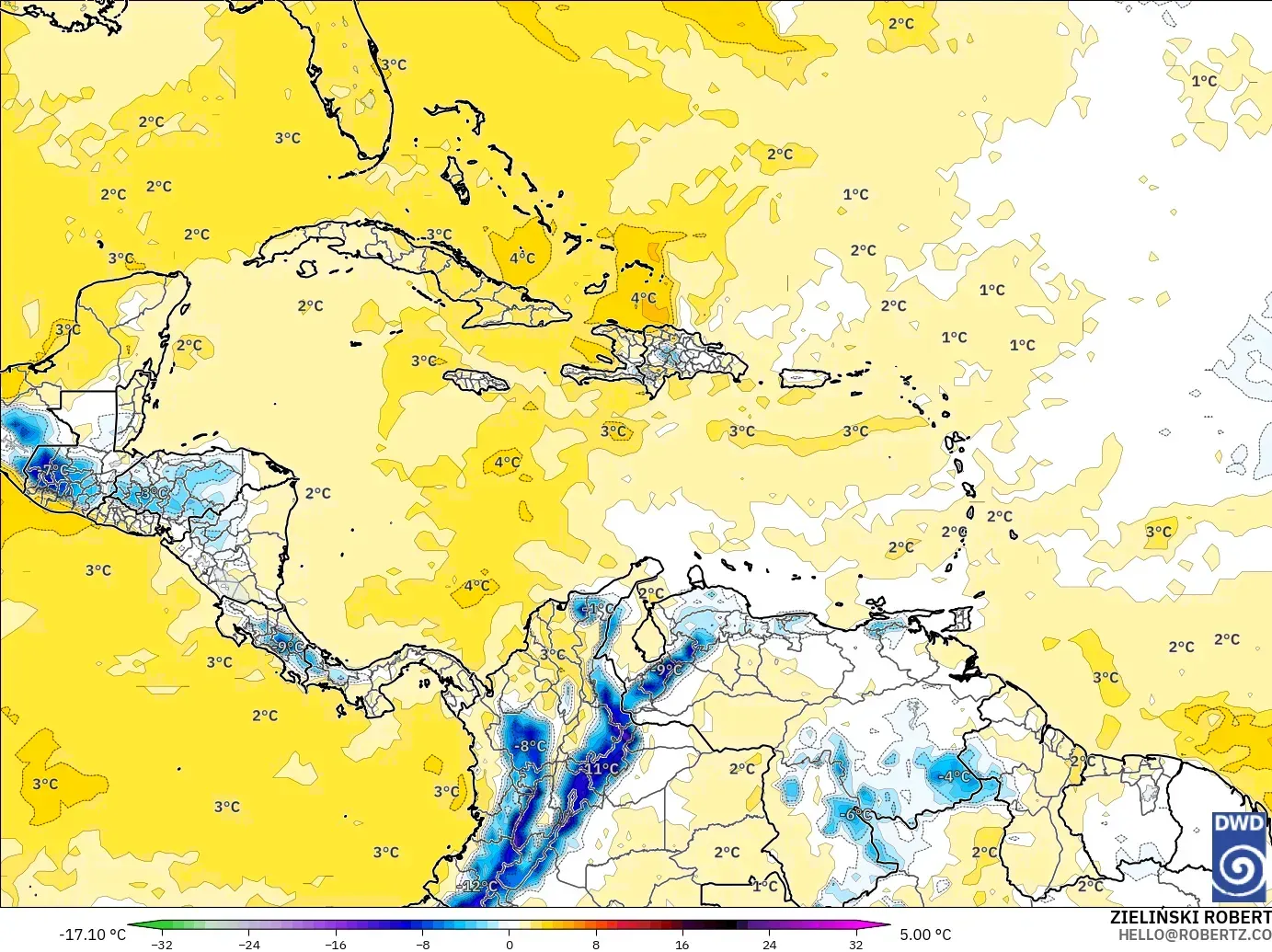 ICON model - Caribbean, Temperature at 850hPa Anomaly