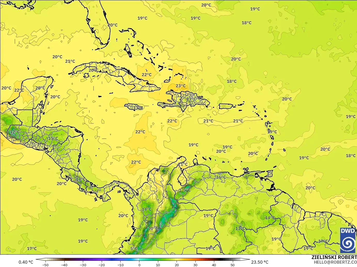 ICON model - Caribbean, Temperature at 850hPa