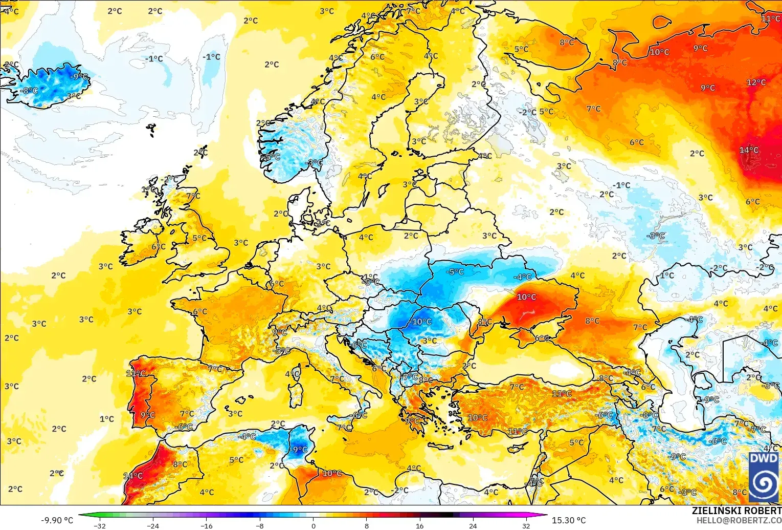 ICON model - Europe, Temperature at 2m Anomaly