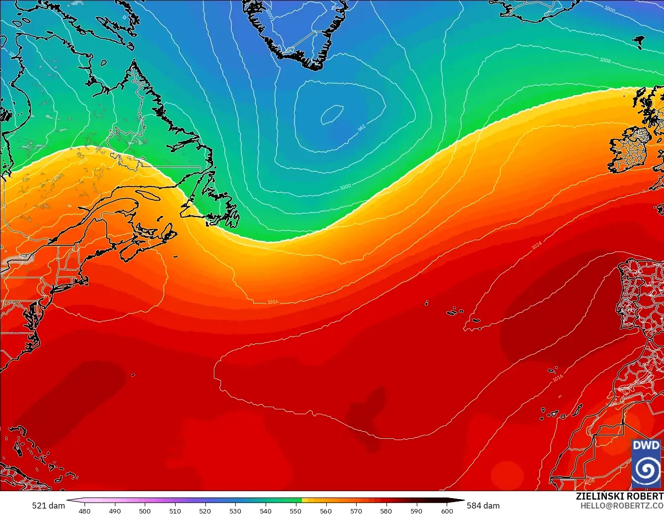 ICON model - North Atlantic, Geopotential height at 500hPa