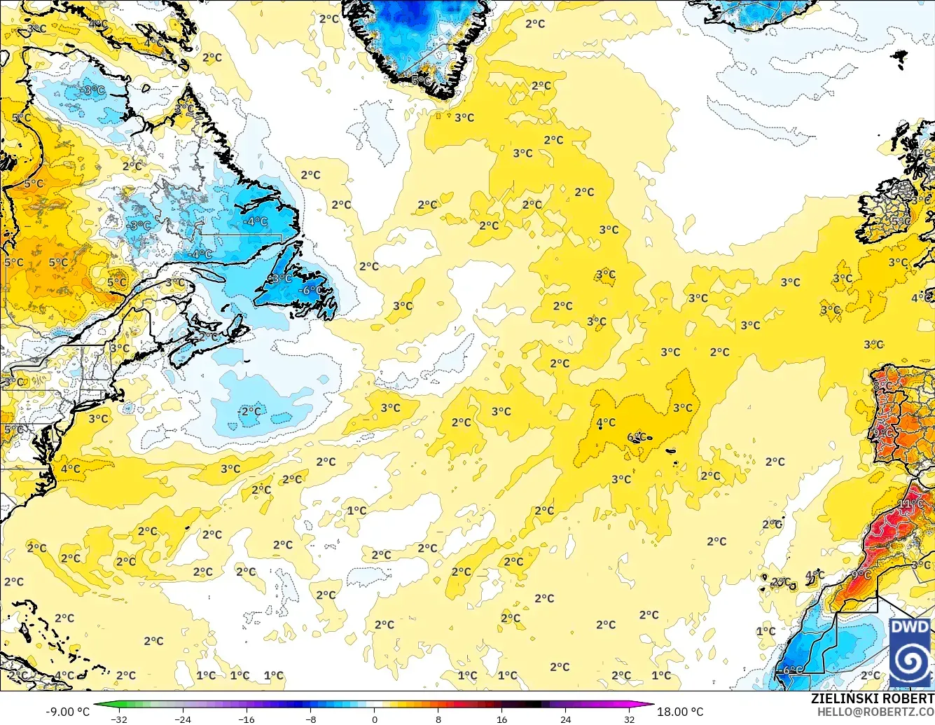 ICON model - North Atlantic, Temperature at 2m Anomaly