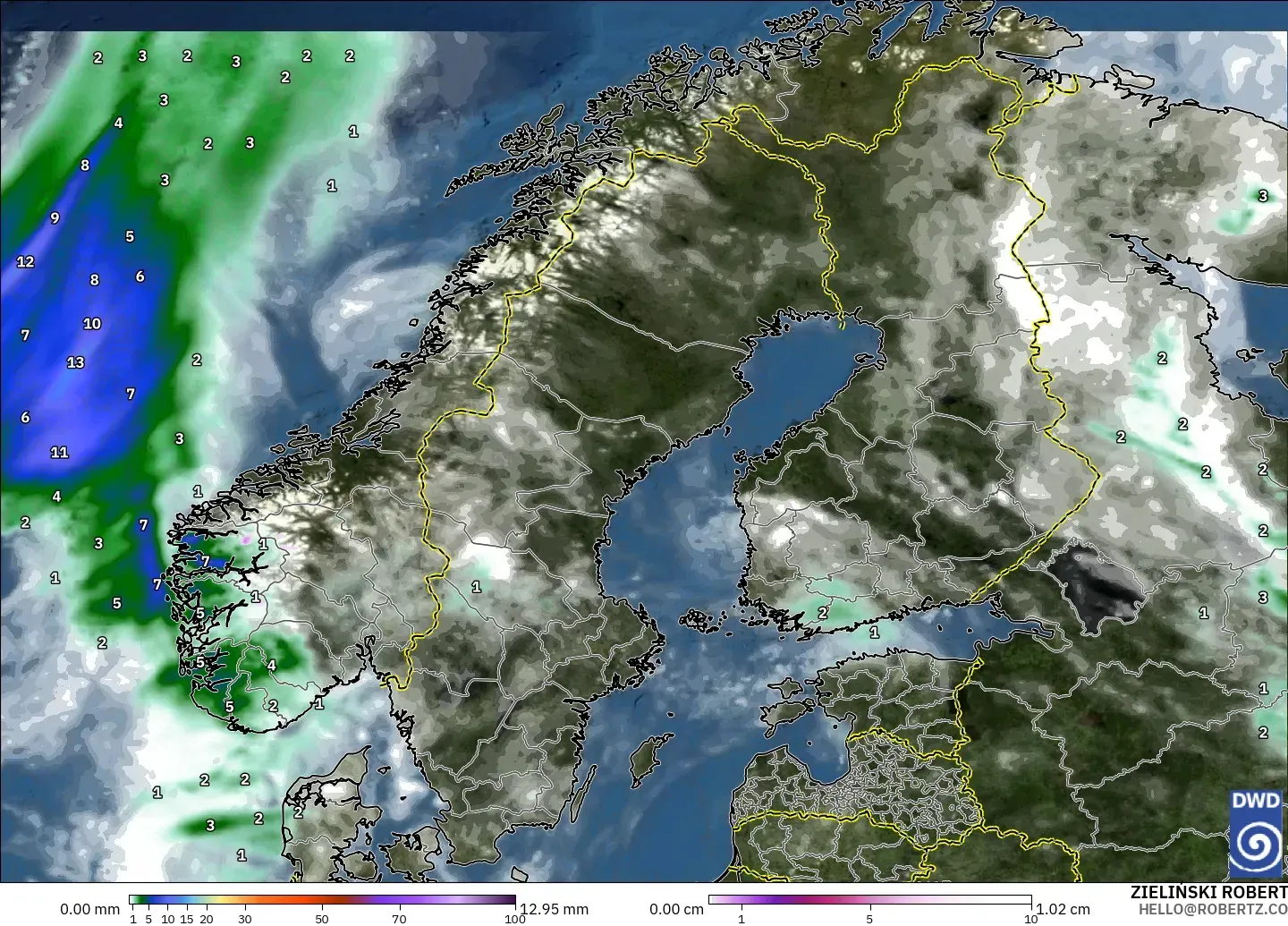 ICON model - Scandinavia, Precipitation, Clouds, and Pressure