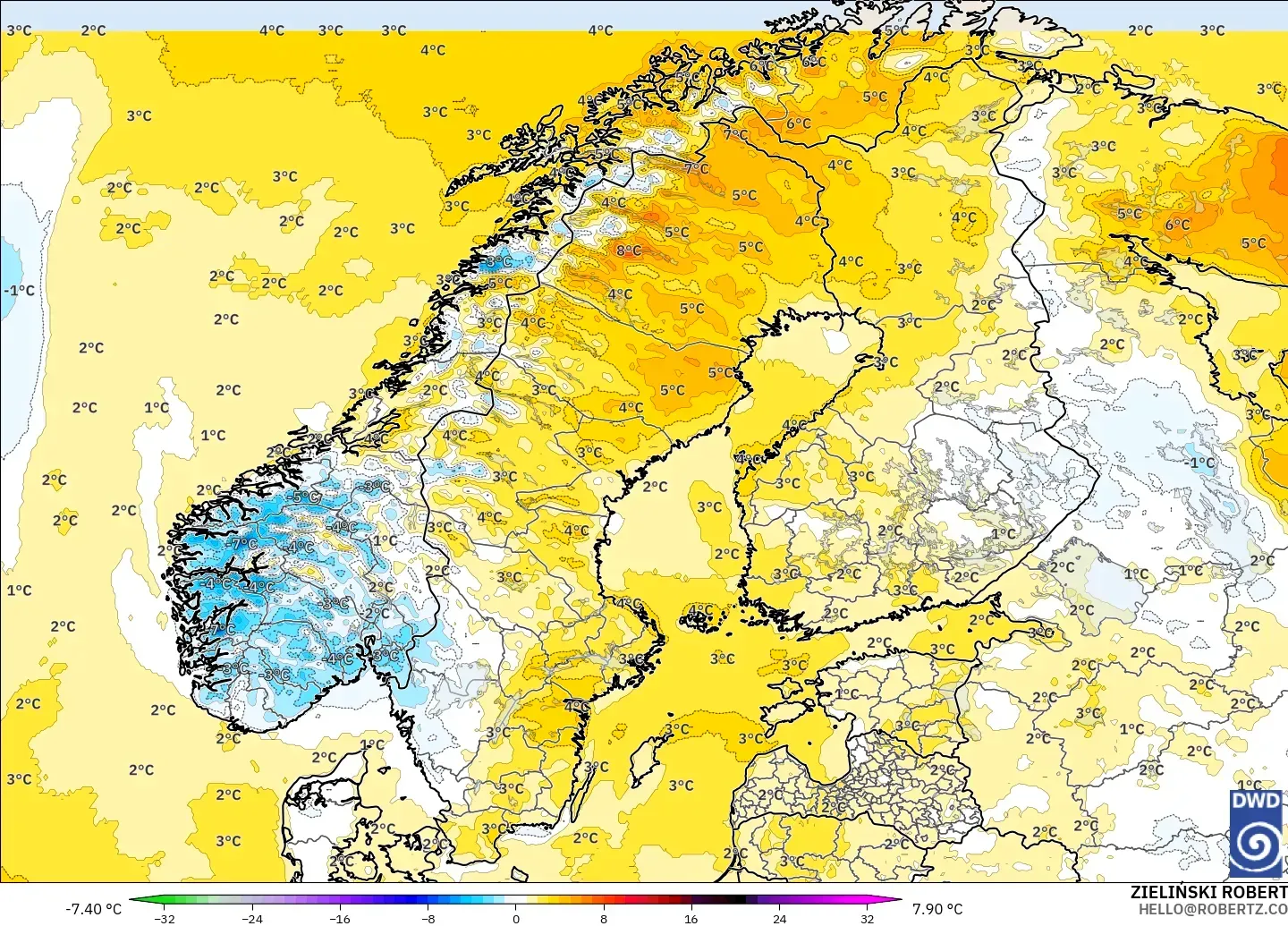 ICON model - Scandinavia, Temperature at 2m Anomaly