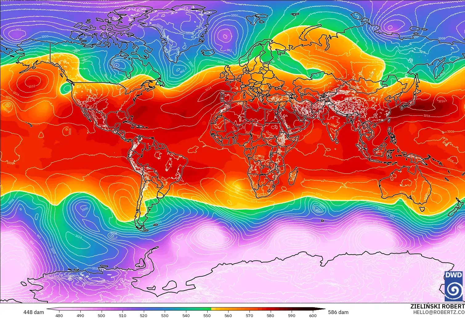 ICON model - World, Geopotential height at 500hPa