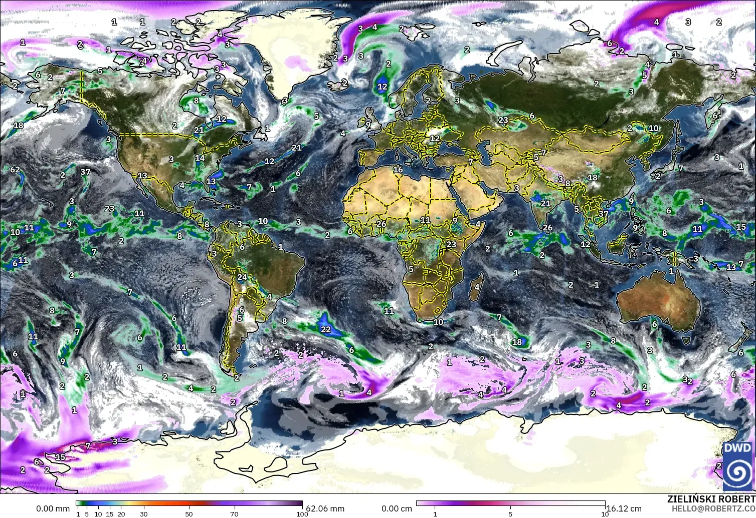 ICON model - World, Precipitation, Clouds, and Pressure