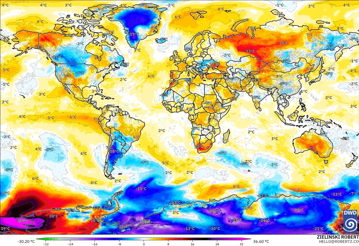 ICON model - World, Temperature at 2m Anomaly