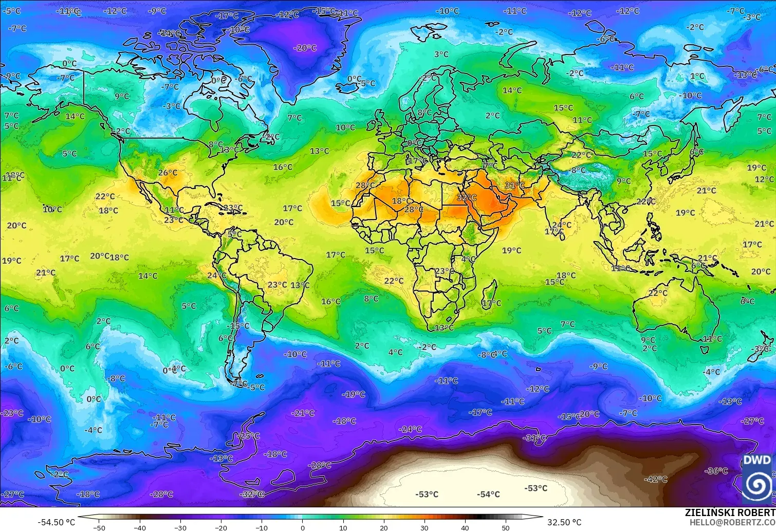 ICON model - World, Temperature at 850hPa