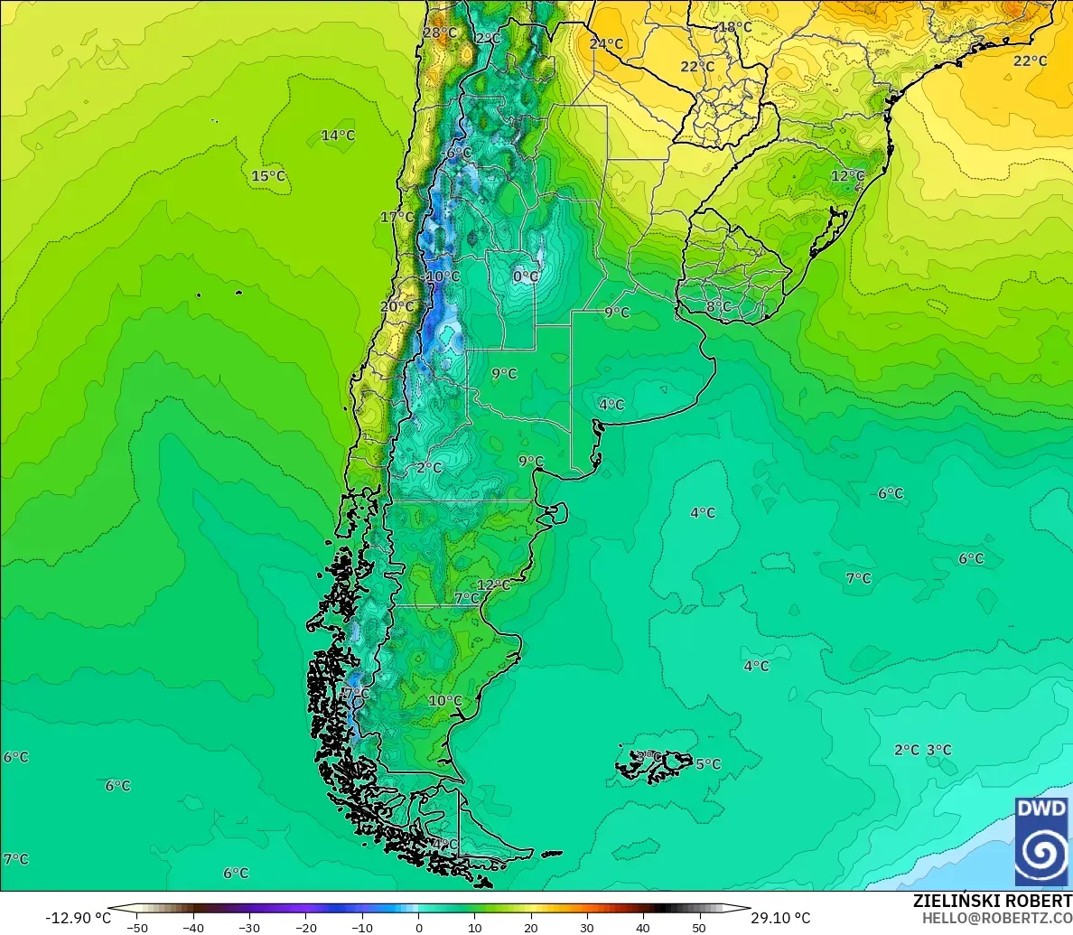 ICON model - Argentina, Temperature at 2m