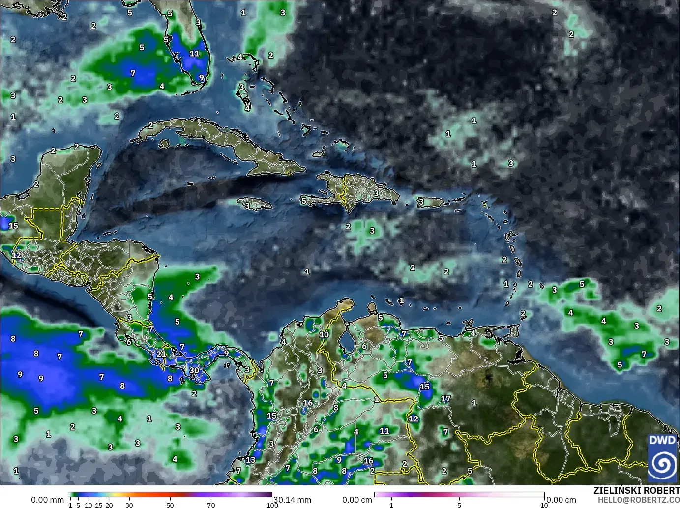 ICON model - Caribbean, Precipitation, Clouds, and Pressure