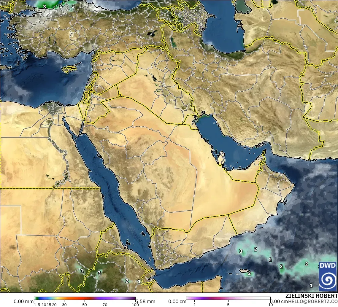 ICON model - Middle East, Precipitation, Clouds, and Pressure