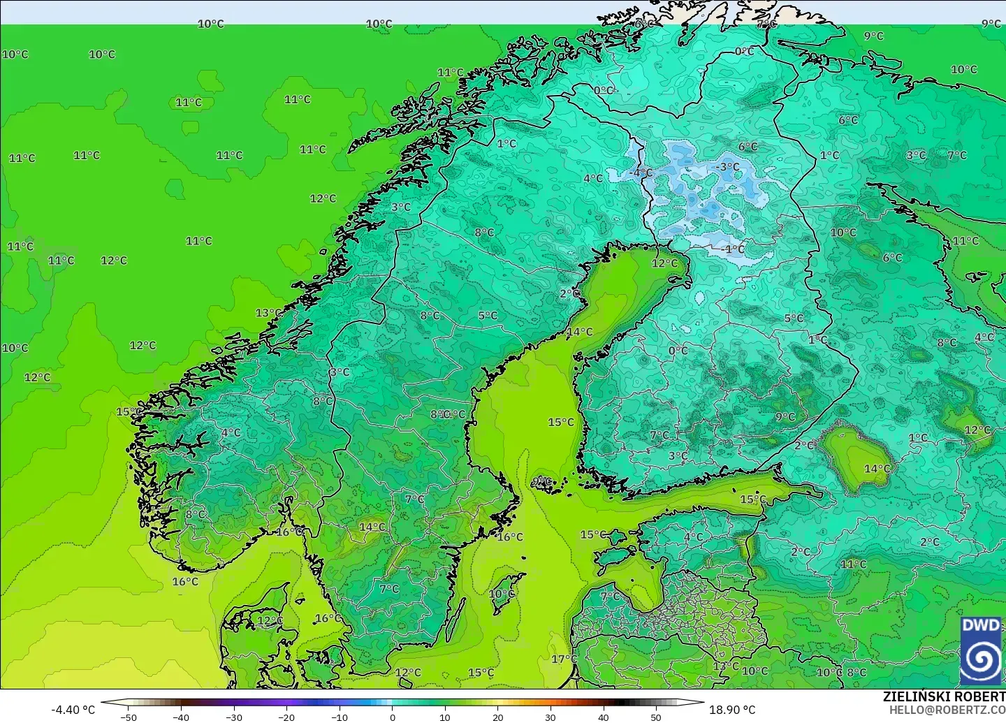 ICON model - Scandinavia, Temperature at 2m