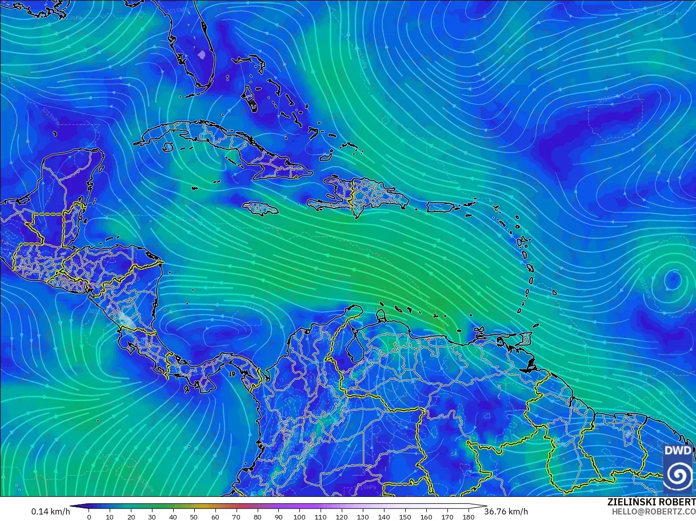ICON model - Caribbean, Wind at 10m