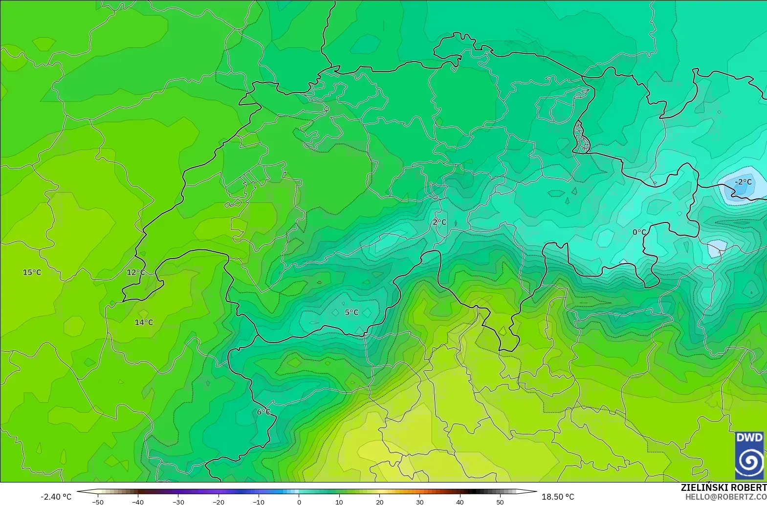 ICON model - Switzerland, Temperature at 850hPa