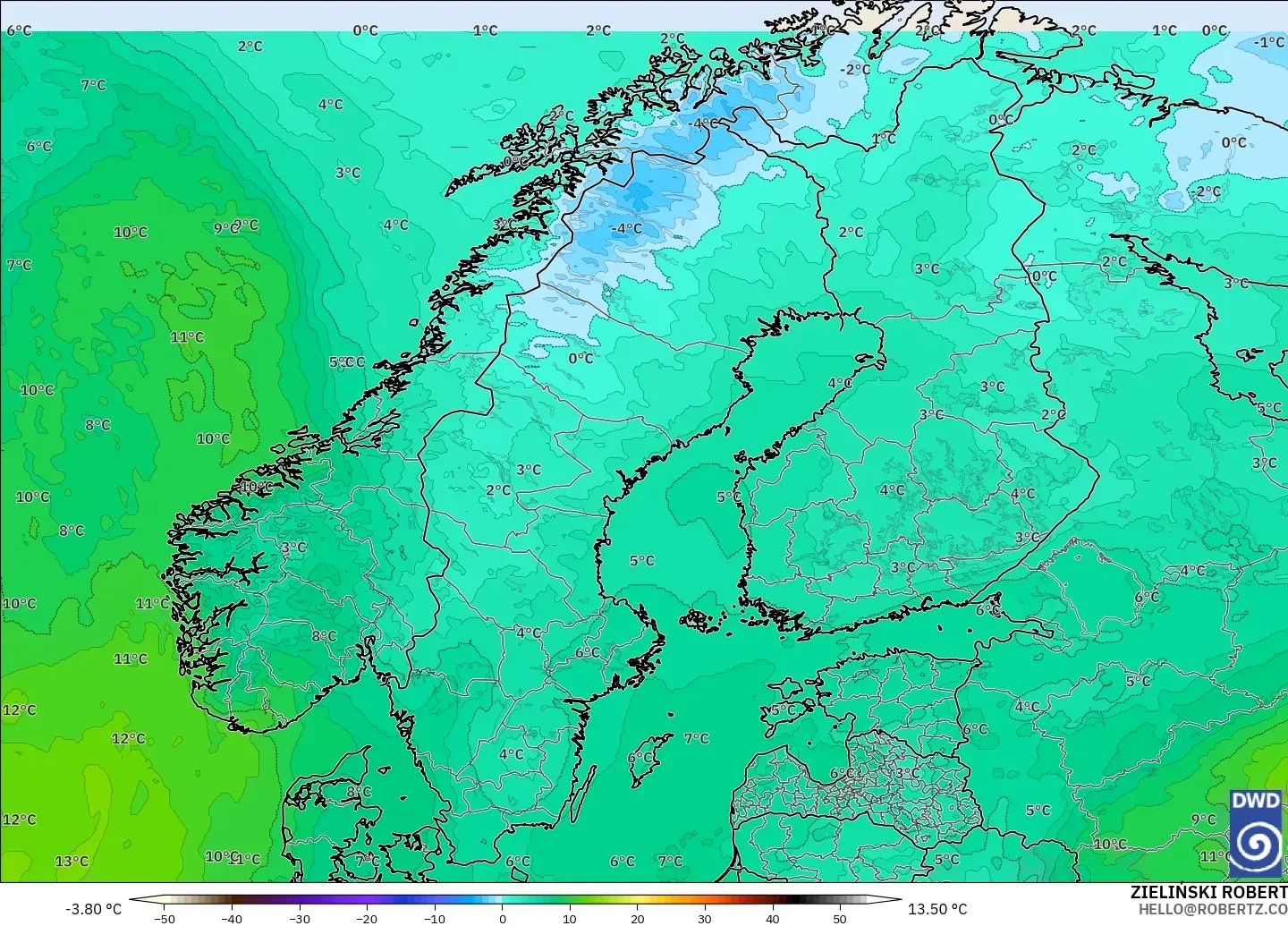 ICON model - Scandinavia, Temperature at 850hPa
