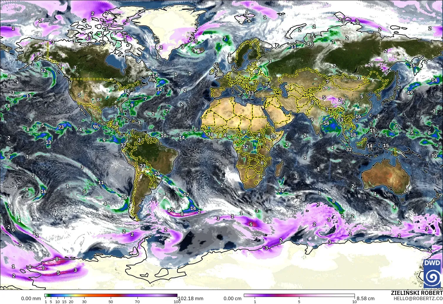 ICON model - World, Precipitation, Clouds, and Pressure