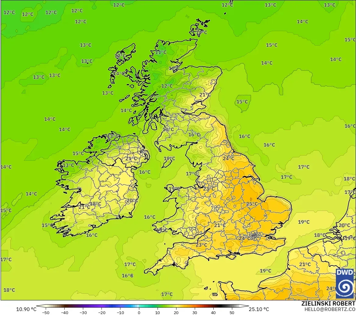 ICON model - United Kingdom, Temperature at 2m