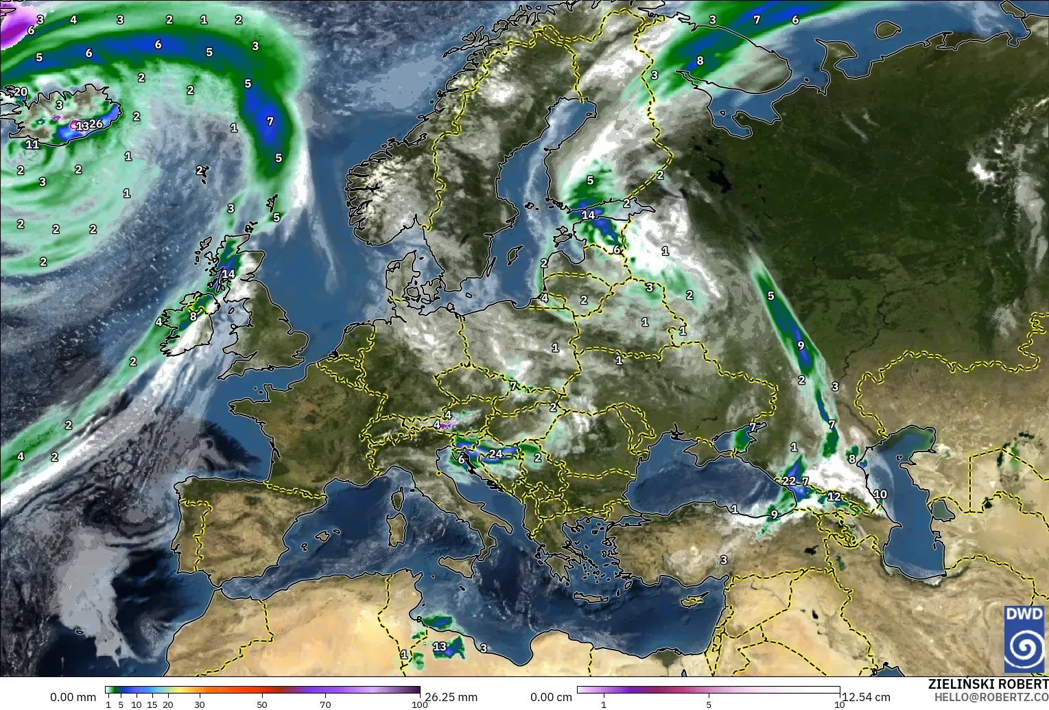 ICON model - Europe, Precipitation, Clouds, and Pressure