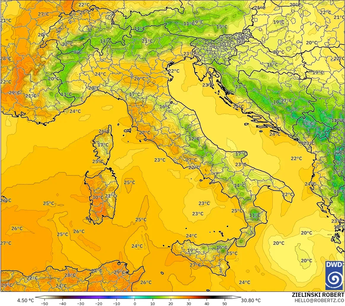 ICON model - Italy, Temperature at 2m