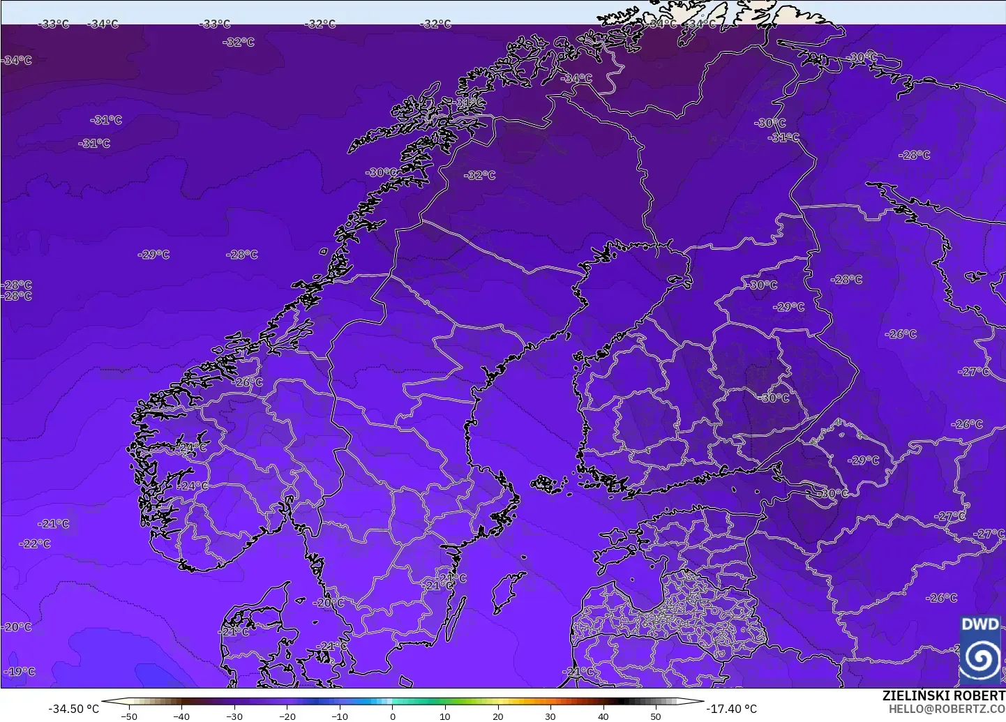 ICON model - Scandinavia, Temperature at 500hPa
