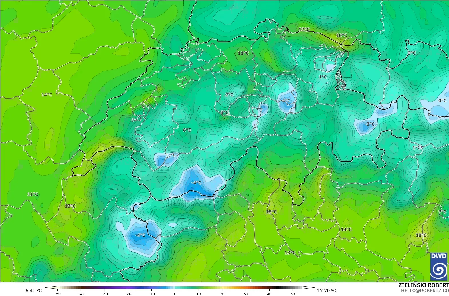 ICON model - Switzerland, Dewpoint at 2m