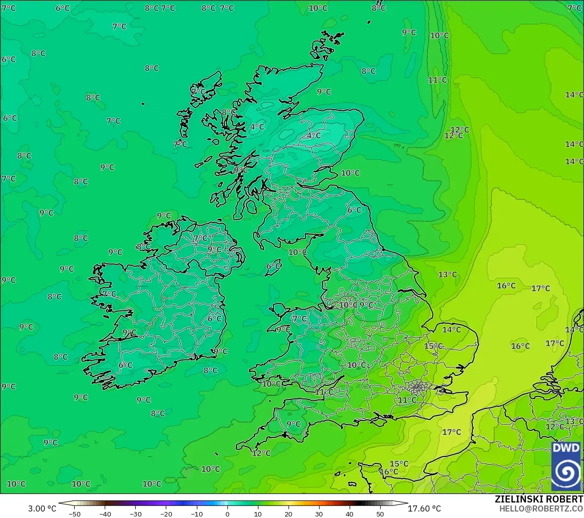 ICON model - United Kingdom, Dewpoint at 2m