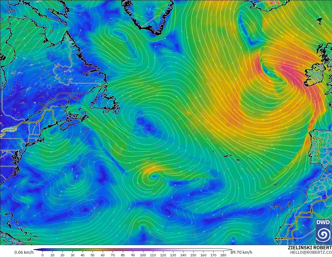 ICON model - North Atlantic, Wind at 10m