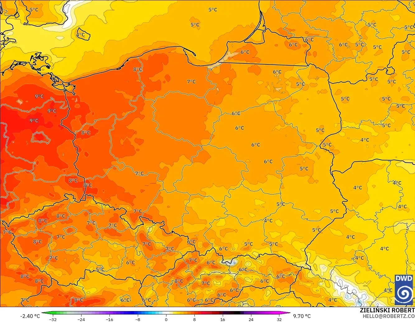 ICON model - Poland, Temperature at 2m Anomaly