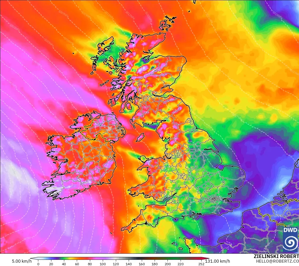 ICON model - United Kingdom, Wind Gusts Peak