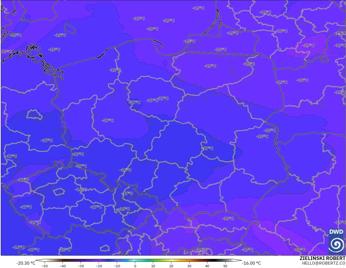ICON model - Poland, Temperature at 500hPa