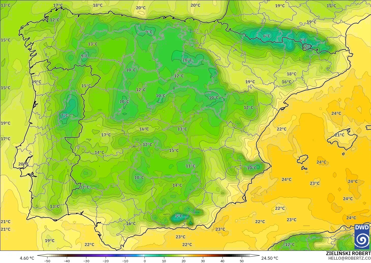 ICON model - Spain, Dewpoint at 2m