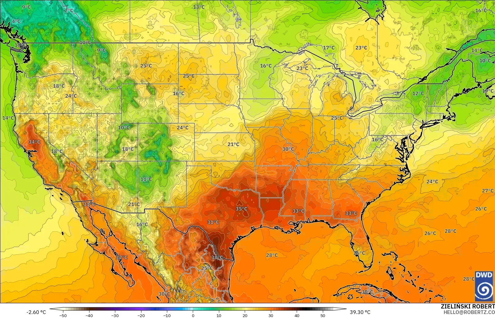 ICON model - United States, Temperature at 2m