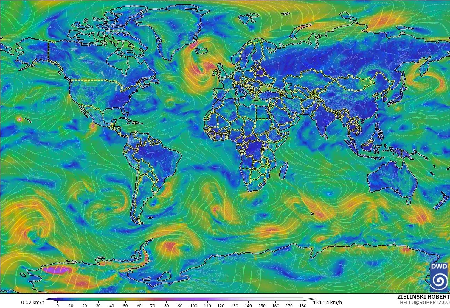 ICON model - World, Wind at 10m