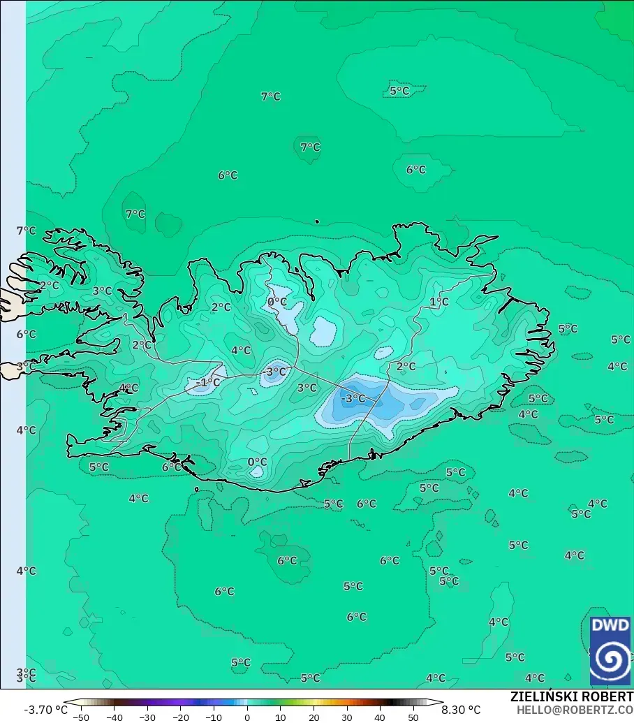 ICON model - Iceland, Temperature at 850hPa