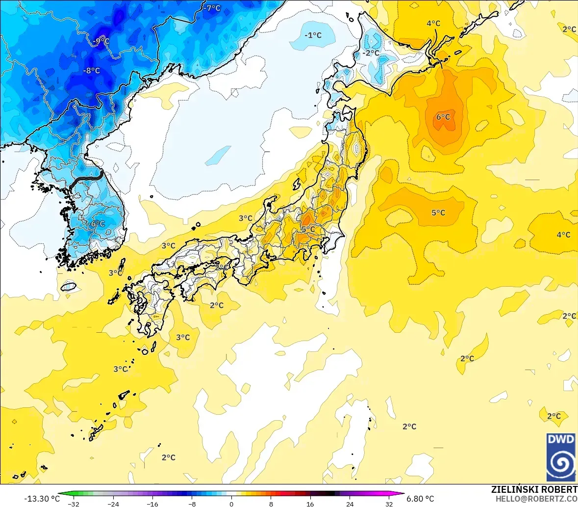 ICON model - Japan, Temperature at 2m Anomaly
