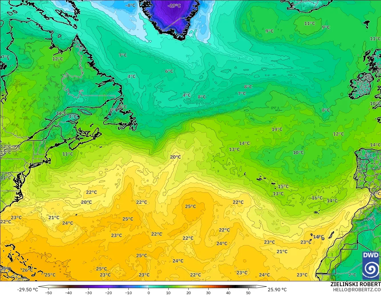 ICON model - North Atlantic, Dewpoint at 2m
