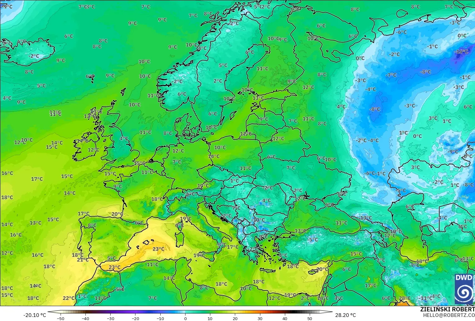 ICON model - Europe, Dewpoint at 2m