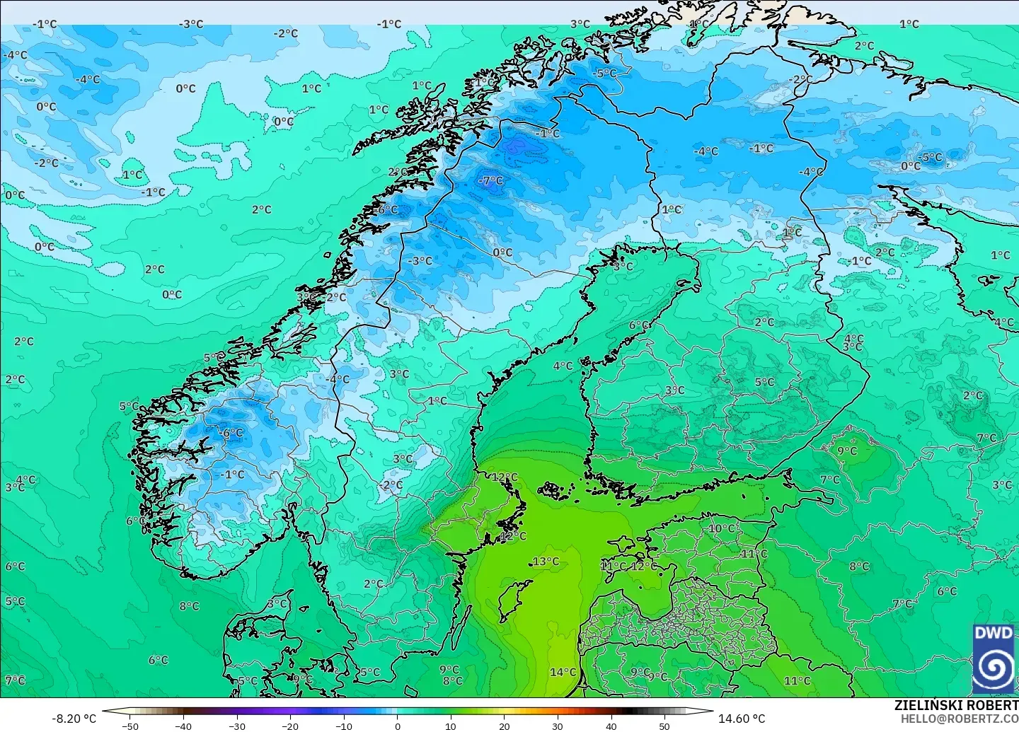 ICON model - Scandinavia, Dewpoint at 2m