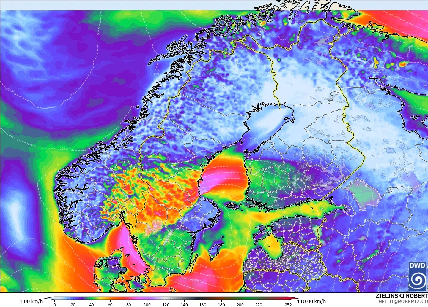 ICON model - Scandinavia, Wind Gusts Peak