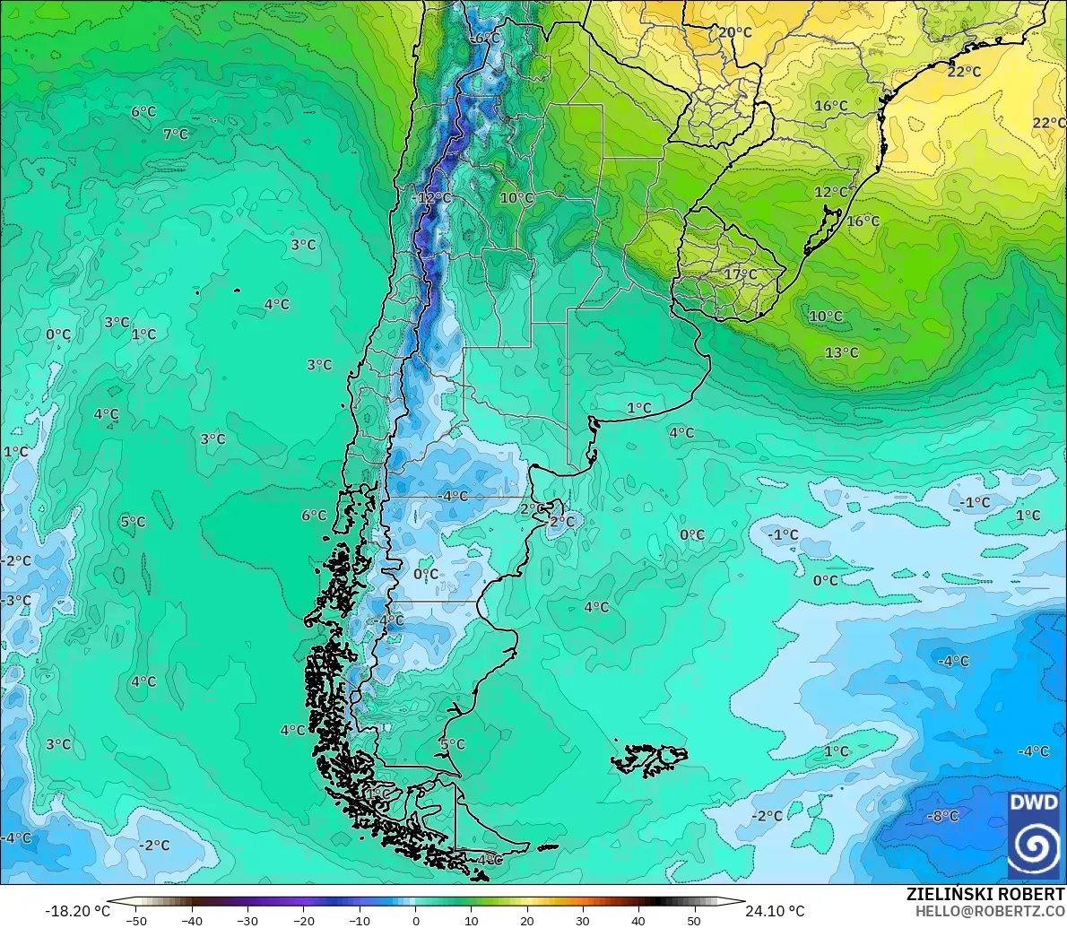 ICON model - Argentina, Temperature at 850hPa