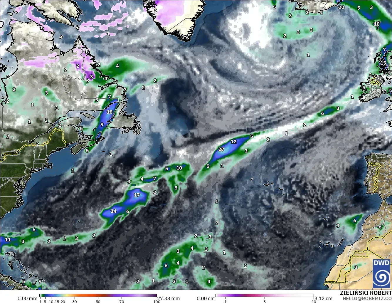 ICON model - North Atlantic, Precipitation, Clouds, and Pressure