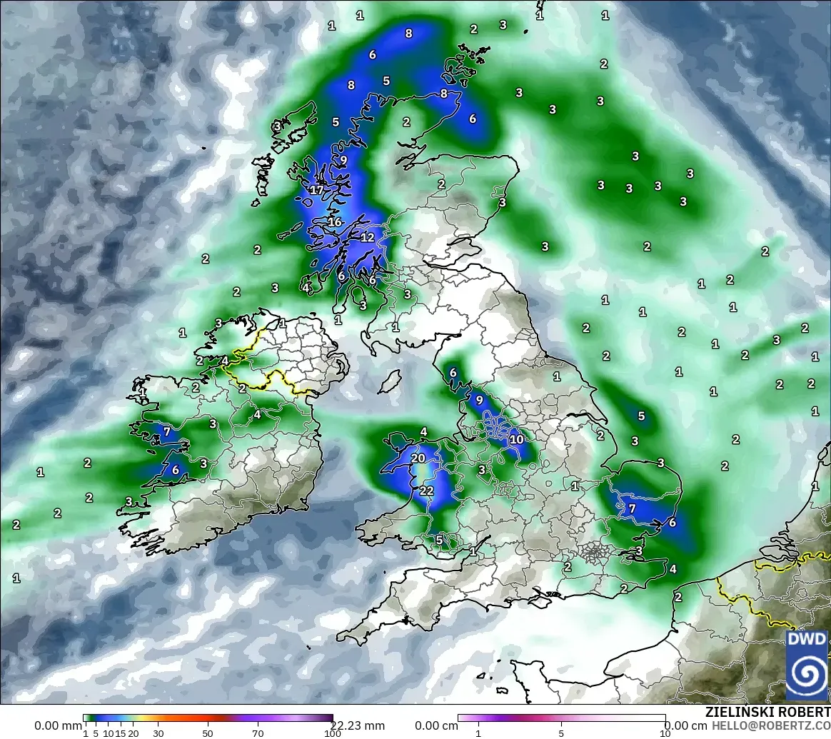 ICON model - United Kingdom, Precipitation, Clouds, and Pressure