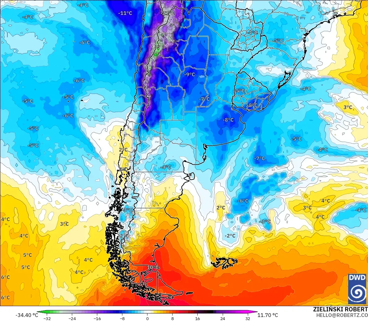 ICON model - Argentina, Temperature at 850hPa Anomaly